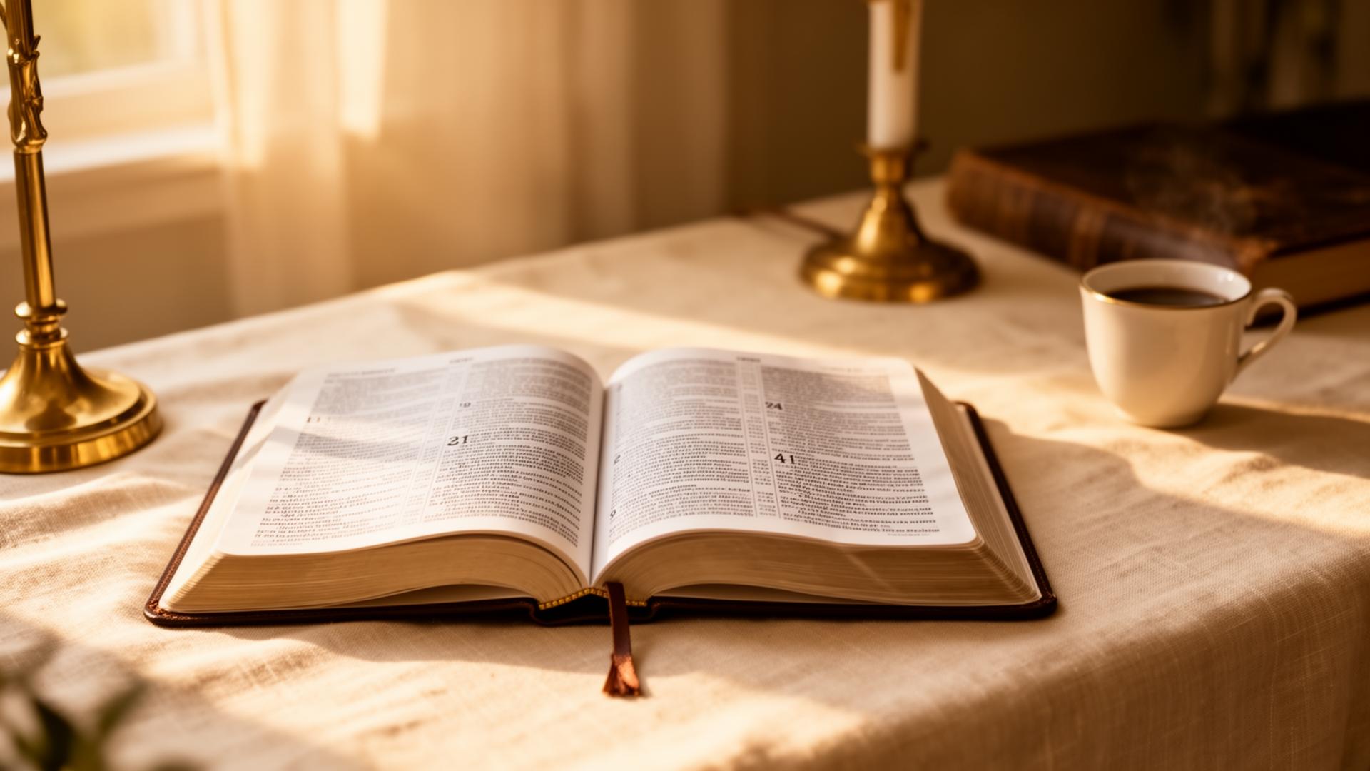 Open devotional and Bible in warm morning light